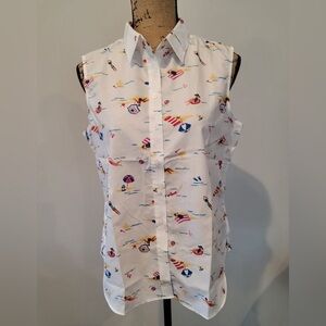 Lands End Women's No-Iron Supima Cotton Sleeveless Shirt Beach Days Size 8 White